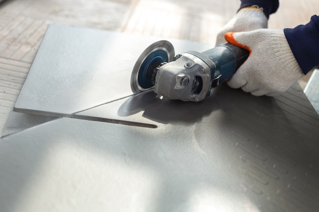 Worker Cutting Tile Using Angle Grinder Construction Site 61243 180 