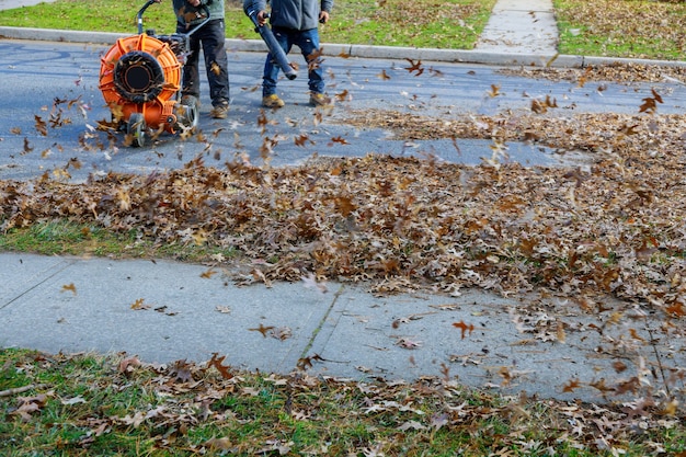 Premium Photo | Worker operating heavy duty leaf blower in removing ...