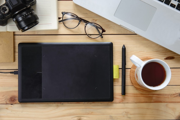 Premium Photo | Working table of photographer or artist overhead view ...