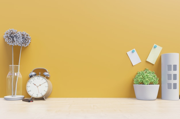 Premium Photo | Working table with decoration on desk back yellow wall ...