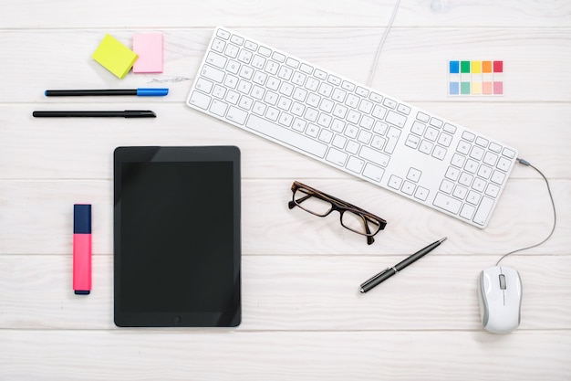 Premium Photo | Workspace With Keyboard, Tablet And Office Supplies On ...