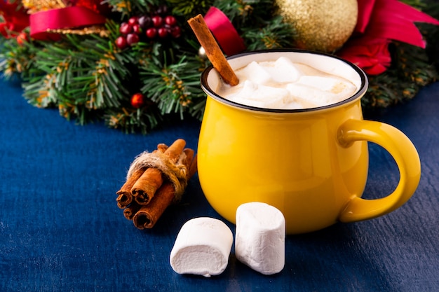 Download Yellow Mug With Hot Cocoa And Marshmallows Premium Photo PSD Mockup Templates