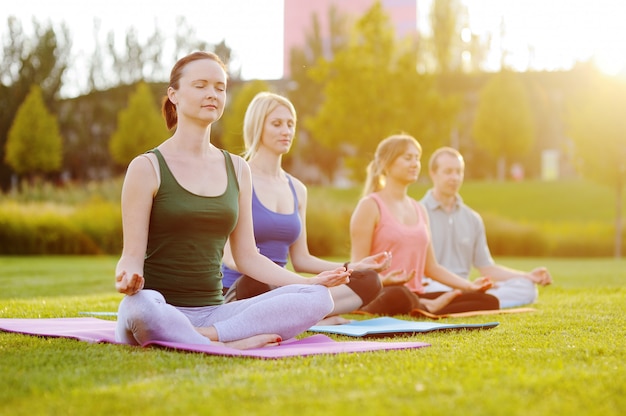 Premium Photo | Yoga group on the background of green grass