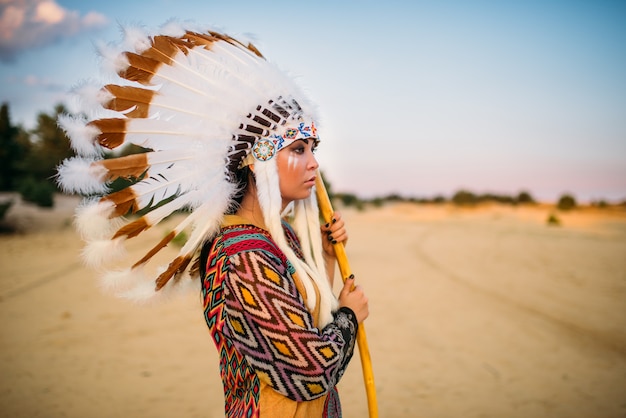 伝統的な衣装で若いアメリカインディアンの女性 プレミアム写真