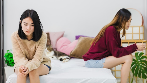 Young Beautiful Asian Women Lesbian Couple Lover Having Stressed