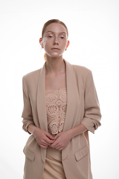 beige skirt suit