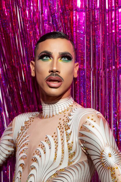 Premium Photo | Young drag queen with short hair and mustache posing ...