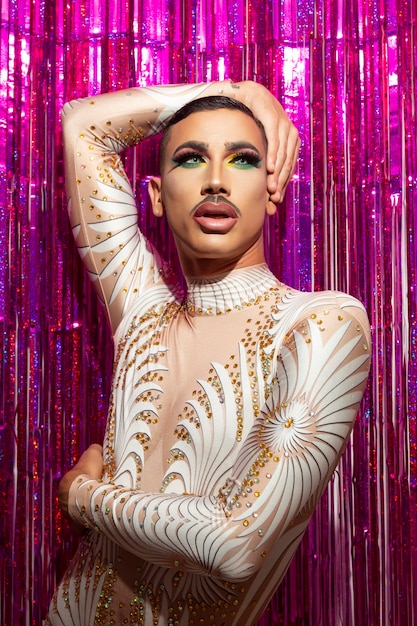 Premium Photo | Young drag queen with short hair and mustache posing ...