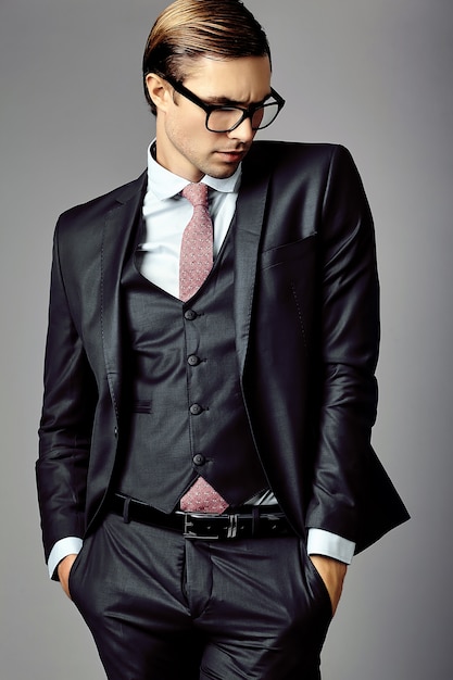 Young elegant handsome businessman male model in a suit and fashionable ...