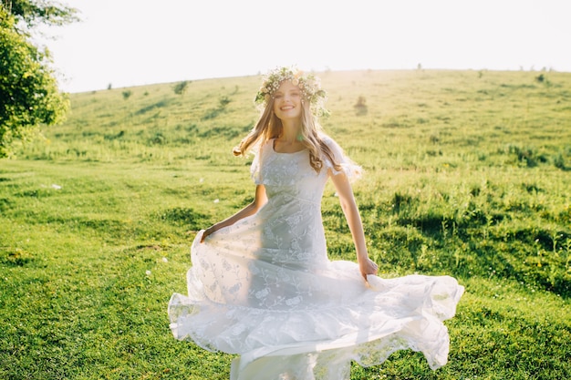 Young Girl In A White Dress In The Meadow Woman In A Beautiful
