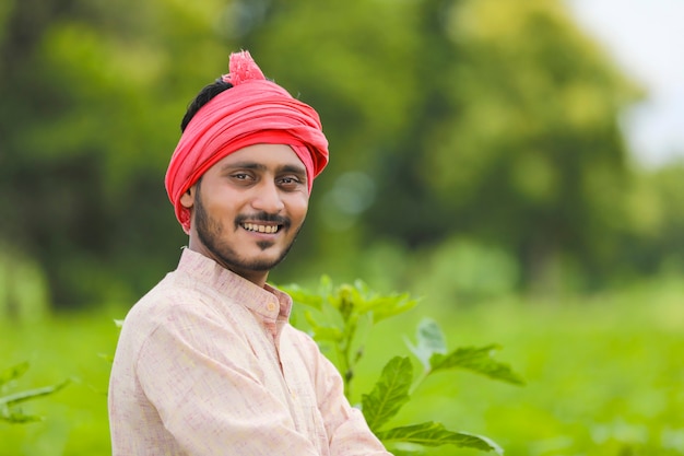 Premium Photo Young Indian Farmer Standing At Green Agriculture Field