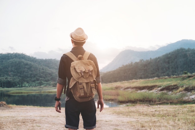 man travel with backpack