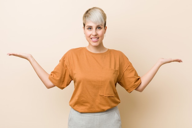 Young Plus Size Woman With Short Hair Makes Scale With Arms Feels