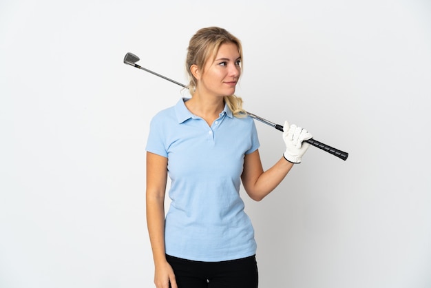 Premium Photo | Young russian golfer woman isolated on white background ...