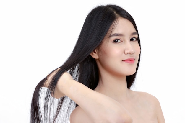 Young Smile Asian Woman Touch Her Health Long Straight Hair Beauty