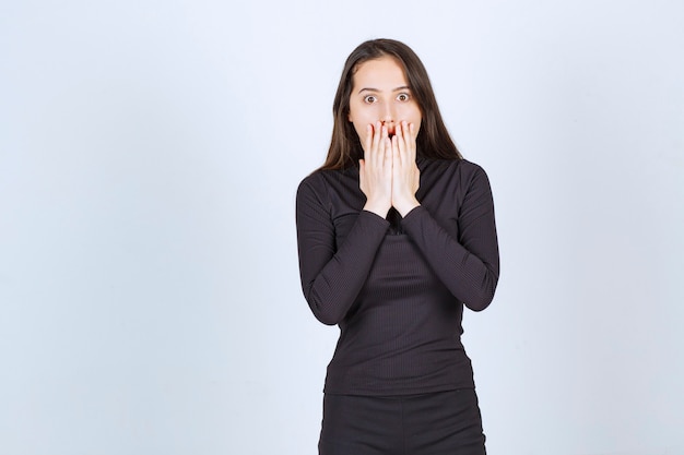 Free Photo | Young woman in black clothes looks terrified and scared