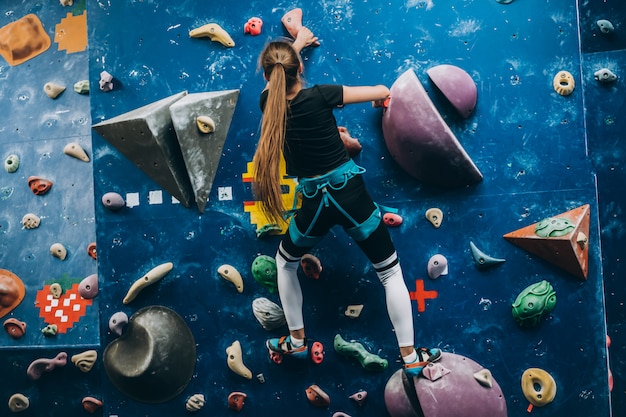 背の高い 屋内 人工のロッククライミングの壁を登る若い女性 無料の写真