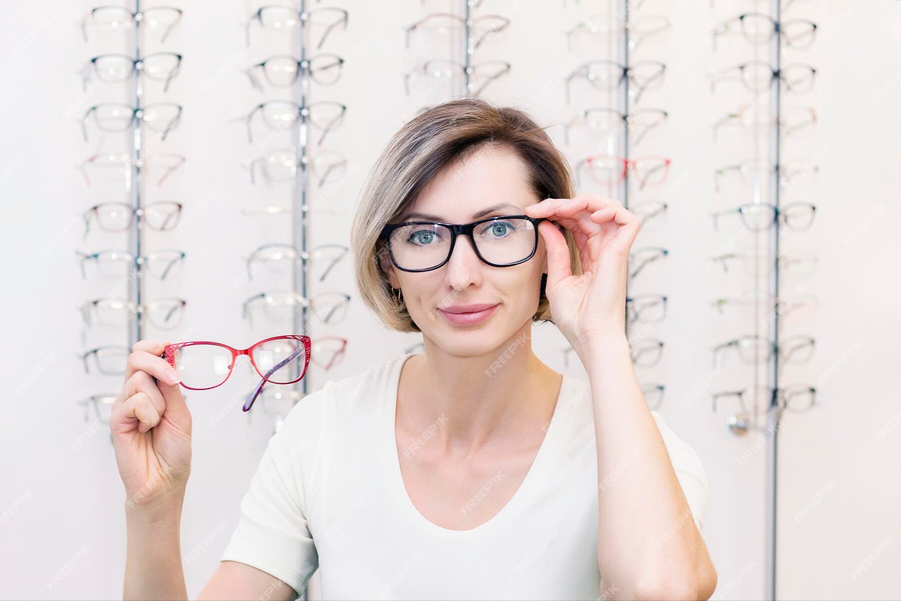 Premium Photo | Young woman in optic store choosing new glasses with ...