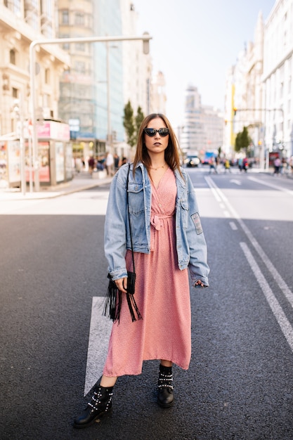 pink dress with jean jacket