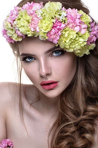Beautiful Woman Portrait With Flowers On Head. Stock Photo 