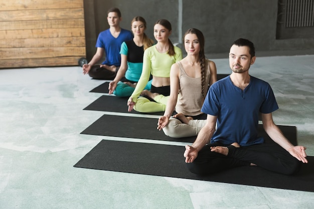 Premium Photo | Young women and men in yoga class, meditation exercises ...