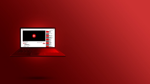 赤いノートパソコンの画面デザインのyoutubeインターフェイス プレミアム写真
