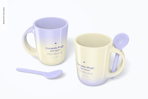 Free PSD | 12 oz ceramic mugs with spoon mockup