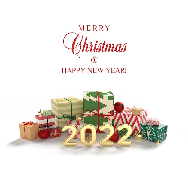 Christmas Donations 2022 Premium Psd | 3D Illustration New Year 2022 Card With Christmas Gifts Boxes  In A Row