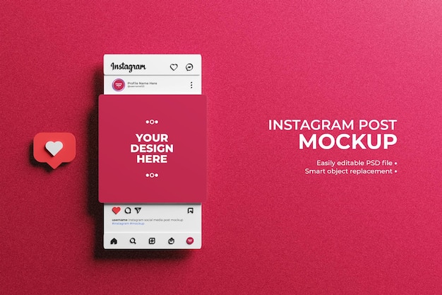 Premium PSD | 3d instagram interface with 3d love react for social media post mockup