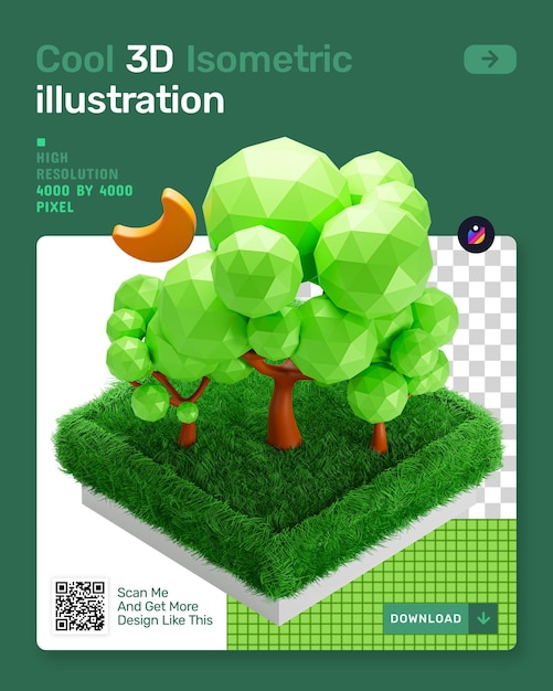 Premium Psd 3d Isometric Illustration With Low Poly Tree And Green Grass