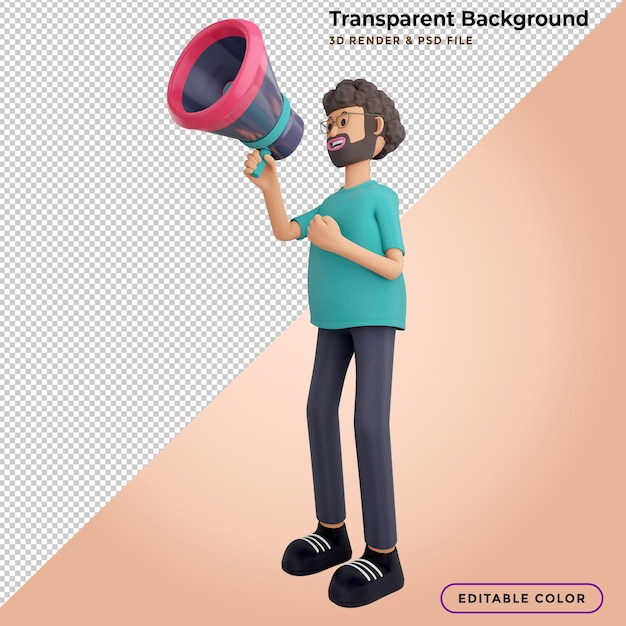 3d male character speaking into megaphone Premium Psd