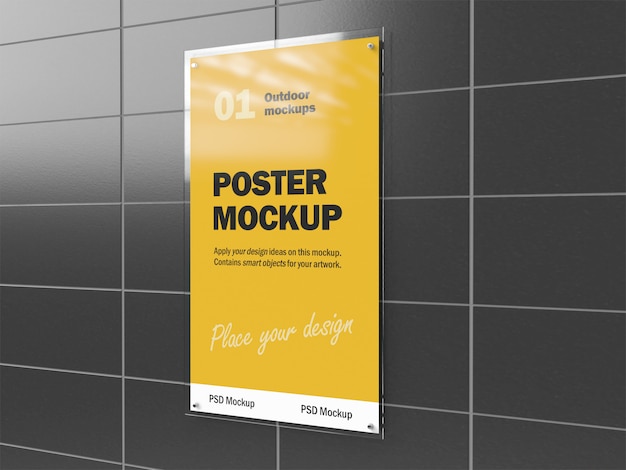 Download 3d mockup of outdoor poster under glass hanging on tiled wall | Premium PSD File