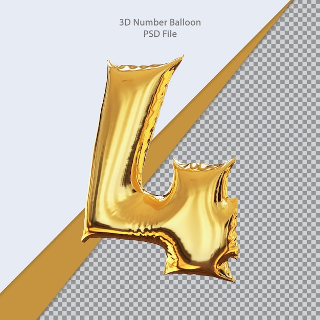 Premium PSD | 3d number 4 balloon golden