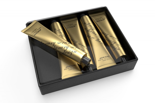 Download Premium PSD | 3d packaging design mockup of five luxury gold tubes in black box