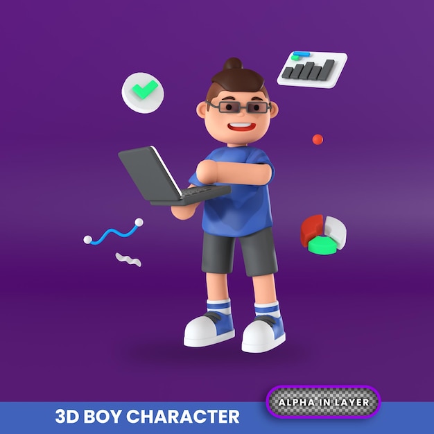 Premium PSD | 3d rendering of boy character holding laptop for business ...