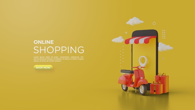  3d rendering of online shopping for social media with fresh yellow nuances
