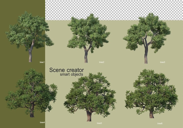 Premium PSD | 3d rendering of various trees isolated