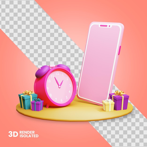  3d smartphone with clock and giftbox icon for online shop isolated