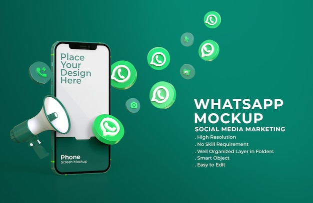 Download Premium PSD | 3d whatsapp icons with mobile screen mockup and megaphone