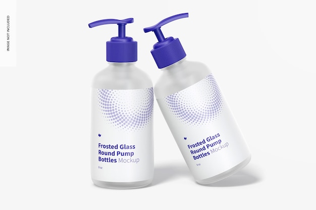 Download Premium Psd 8 Oz Frosted Glass Round Pump Bottles Mockup Leaned