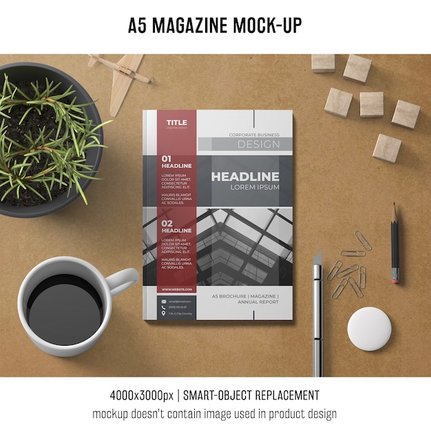 Download A5 magazine mockup with coffee and plant PSD file | Free Download