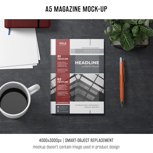 Download Free Psd A5 Magazine Mockup With Coffee Yellowimages Mockups