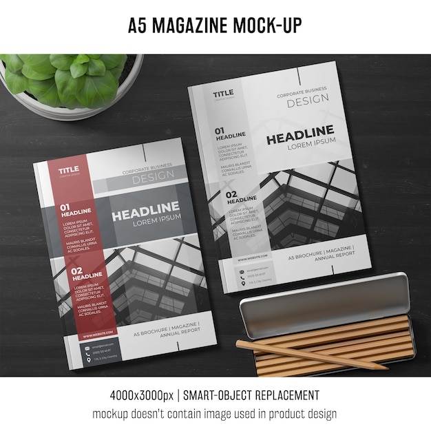 Download Free PSD | A5 magazine mockup with plant and pencils