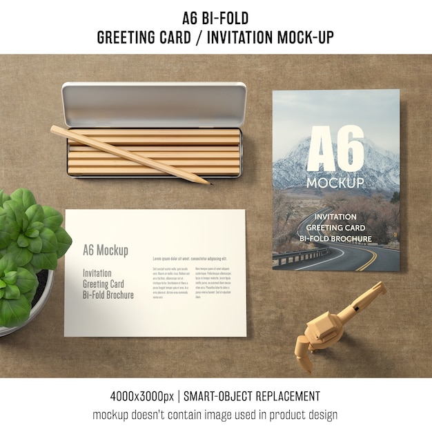 Download A6 bi-fold greeting card mockup with basil PSD file | Free Download