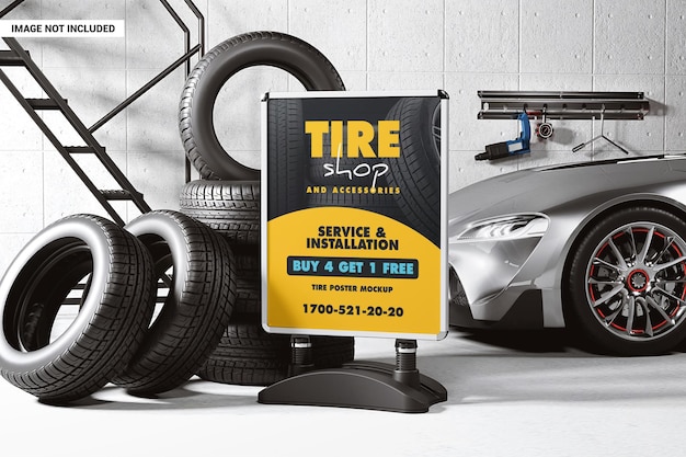  Advertising stand in a tire workshop mockup Premium Psd