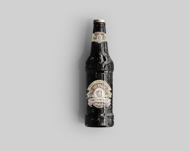 Download Premium Psd Amber Glass Beer Bottle Mockup With Water Drops Top View