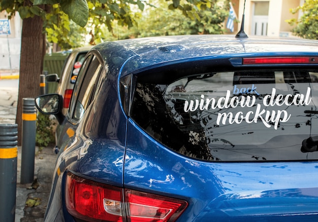 Download Premium Psd Angled Template Of The Back Window Decal Of A Blue Car PSD Mockup Templates