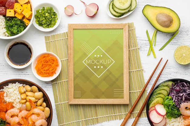 Download Free PSD | Arrangement of poke bowls with mock-up frame