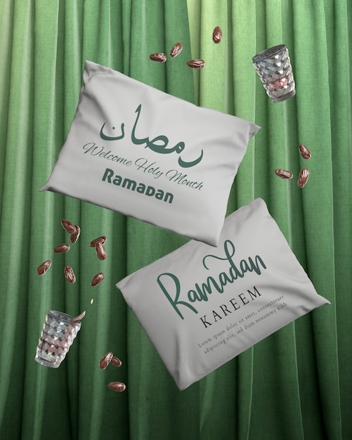 Arrangement with falling ramadan pillows and dried dates Free Psd
