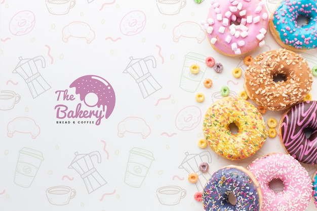 Download Free Psd Colorful Donuts And Coffee With Mock Up